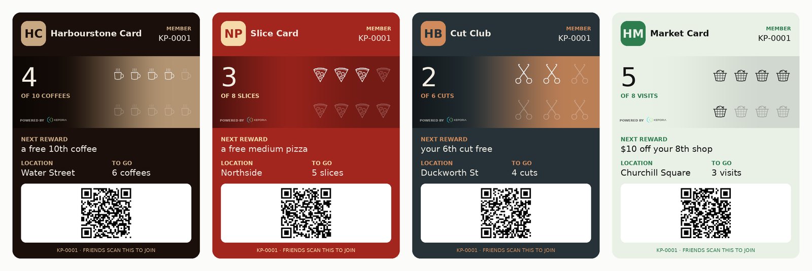 Four sample loyalty cards as they appear in Apple Wallet: a café, a pizza place, a barber and a grocer, each with its own hand-drawn stamp mark